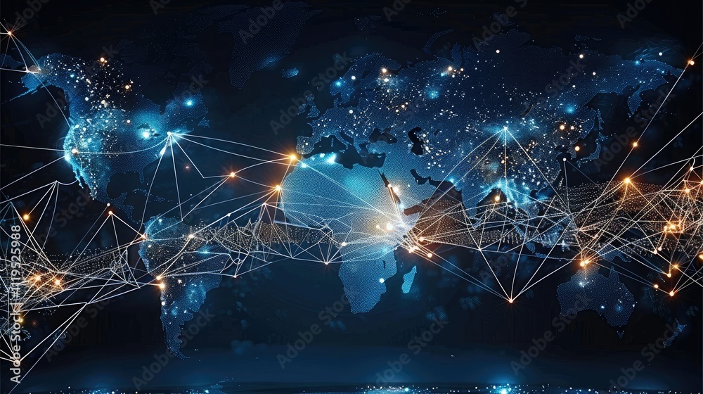 Poster A blue map of the world network connecting to multiple bright light blue dots covering across the image, continents are illustrated as bright blue dots, advance, rich, technology, power, connectivity.