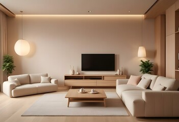 Modern Japani Style Apartment: Beige Couch and Minimalist Design