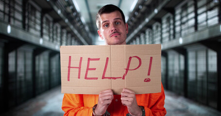 Scary Jail Cell Horror. Prisoner In Handcuffs