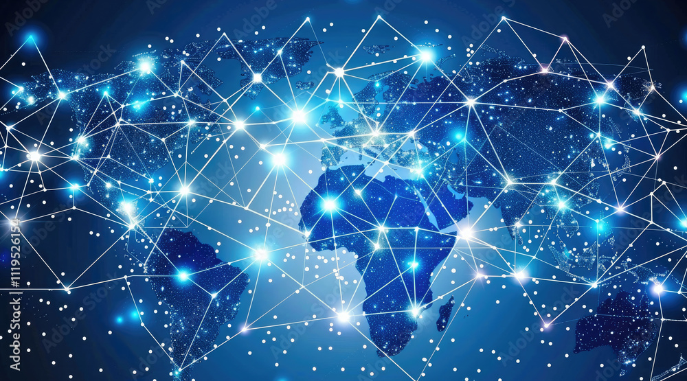 Poster a blue map of the world network connecting to multiple bright light blue dots covering across the im