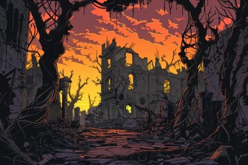 Ruined Cityscape at Sunset Gloaming Shadows Embrace Decay