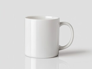 Obraz premium White ceramic mug mockup, Empty white coffee mug on a reflective surface with a neutral gray background.