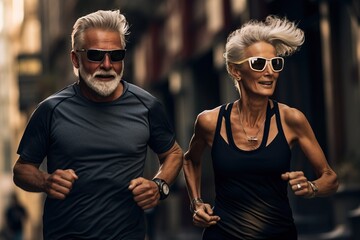 An elderly joyful married couple is jogging along a city street. Gray-haired man and woman doing sports early in the morning or at sunset.