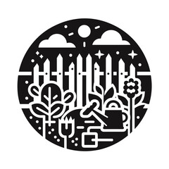 Garden scene illustration, plants and tools, nurturing nature, peaceful outdoor space, copy space