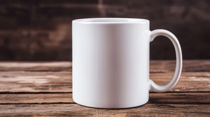 White ceramic mug mockup, Blank white mug on a rustic wooden surface ready for customization or branding.