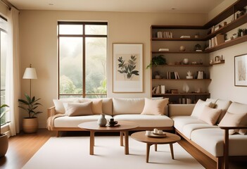 Fototapeta premium Modern Japani Style Apartment: Beige Couch and Minimalist Design