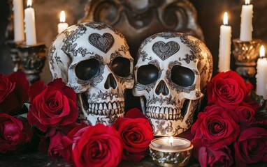 Romantic Skull Decor A pair of intricately designed skulls with heart engravings, surrounded by red roses and candles, set against a vintage gothic backdrop 