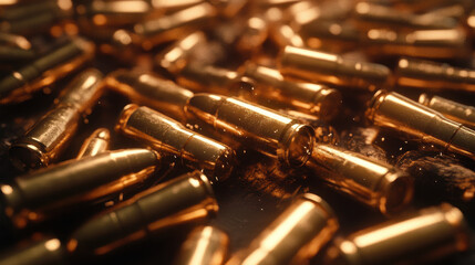 3D Illustration of Golden Bullet Shells Background for War and Conflict Concepts