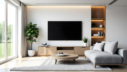 A modern living room interior design with built-in shelf and led strip light white tv cabinet with sofa