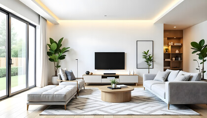 A modern living room interior design with built-in tv cabinet with sofa