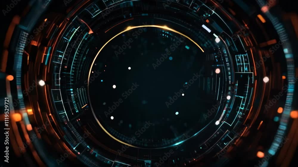 Poster digital tunnel showcases a rotating futuristic interface, illustrating advanced technological concep
