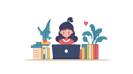 A child studying online with a cheerful teacher on a laptop screen, warm and educational environment