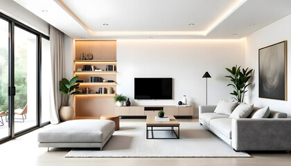 A modern living room interior design with built-in shelf and led strip light white tv cabinet with sofa