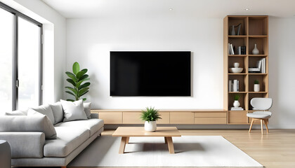 A modern living room interior design with built-in tv cabinet with sofa