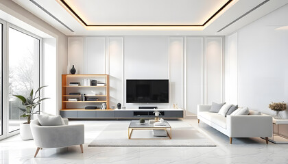 Obraz premium A modern living room interior design with built-in shelf and led strip light white tv cabinet with sofa