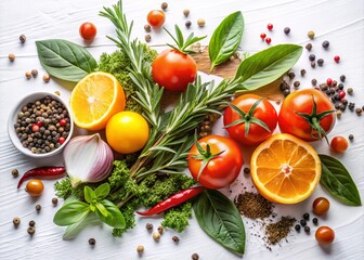 A Vibrant Display of Fresh Herbs, Spices, Juicy Tomatoes, and Oranges on a Clean White Background Perfect for Culinary and Food Photography