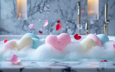 Heart Bath Explosion Heart-shaped bath bombs fizzing mid-air with colorful foam and rose petals, set against a luxurious marble bathtub filled with bubbles -
