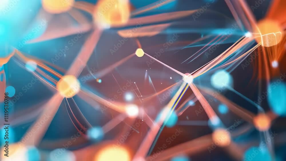 Poster abstract lines and dots form a dynamic network, slowly shifting and changing, with glowing dots puls