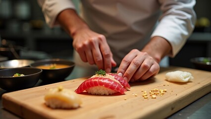 Experienced Sushi Chef in Action Preparing a Meal