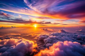 Fototapeta premium Breathtaking Sunset Above the Clouds: A Minimalist View from an Aircraft Capturing Vibrant Colors and Serene Tranquility in the Sky