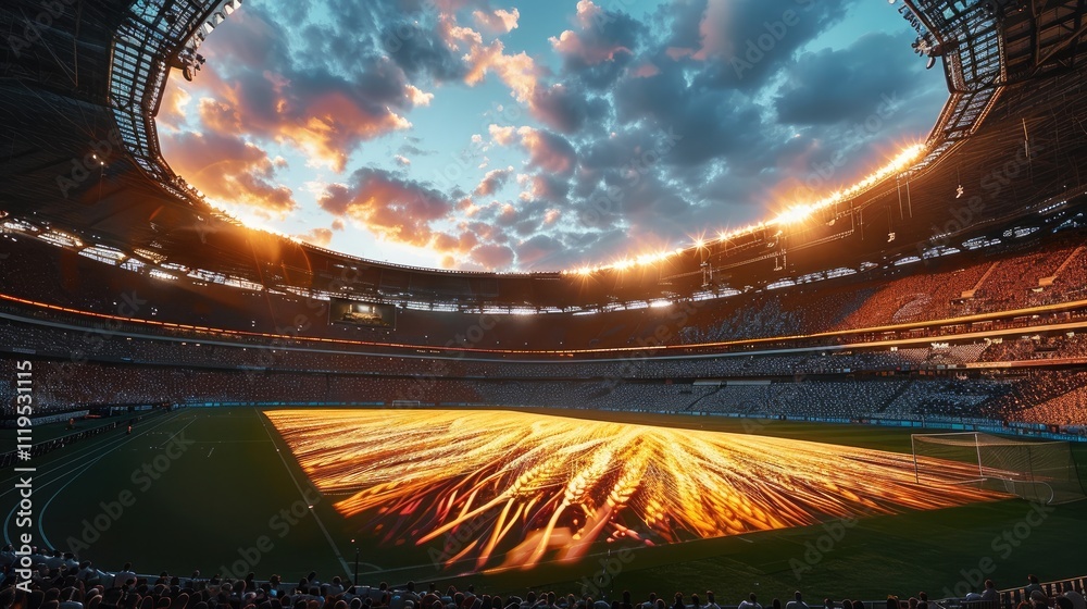 Wall mural During the stadium ceremony, at sunset, in the middle of the stadium a big projection of wheat field and golden light.