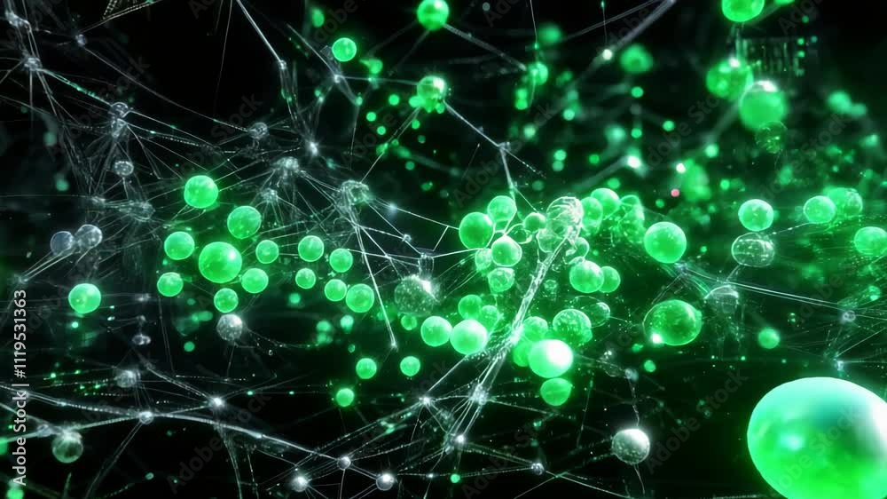 Sticker green particles move and connect, forming a dynamic network against a black background. this captiva