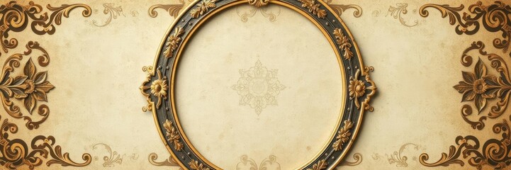 Vintage style hollow gilded circular frame with intricate floral patterns, set against a retro textured background, gilded, pattern