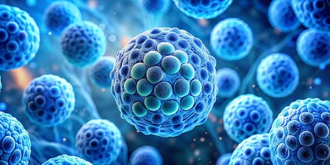 Close-up of a Blue Microscopic Cell in Scientific Background, Showcasing Intricate Cellular Structures and Details for Educational and Research Purposes in Biology and Microscopy