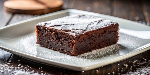 Close-up of a Decadent Chocolate Brownie Dusted with Powdered Sugar on a White Plate, Showcasing Rich Texture and Tempting Visual Appeal for Food Enthusiasts and Dessert Lovers