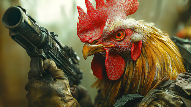 A rooster dressed as a post-apocalyptic warrior, holding a weapon and wearing tactical gear, vibrant and intense character design