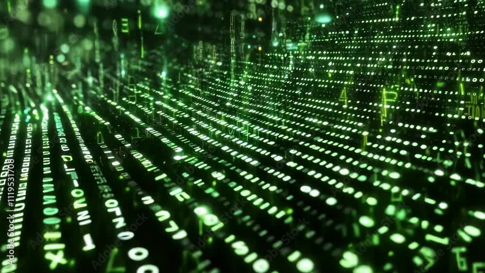Poster camera glides through a digital landscape filled with flowing binary code, showcasing a shallow dept