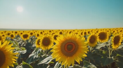 Fototapeta premium A field of sunflowers under a bright sky.