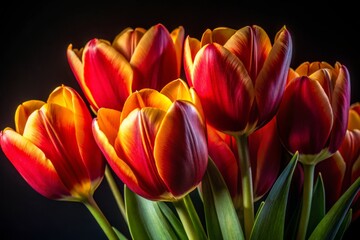 Close-Up of Vibrant Red and Yellow Tulips Against a Dark Background - Stunning Floral Photography for Nature Lovers and Designers