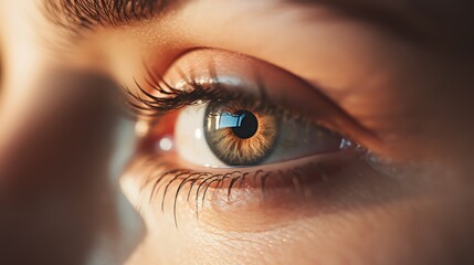 Naklejka premium A vivid close-up of a woman's eye reflects a wide world, illustrating curiosity and introspection with detailed iris patterns and lashes.