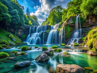 Panoramic Waterfall Photography: Serene Nature Beauty, High-Resolution Image