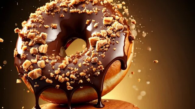 A delicious chocolate donut topped with crushed pieces, showcasing its tempting appearance.