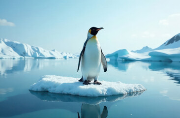 Fototapeta premium alone penguin standing on melting ice floe caused by global warming, surrounded by open blue water on north pole. climate change impact, environmental awareness, ecology concept