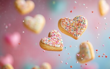 Fototapeta premium Valentine Cookie Explosion Heart-shaped cookies with icing and sprinkles flying mid-air, set against a colorful Valentineâ€™s bakery background 