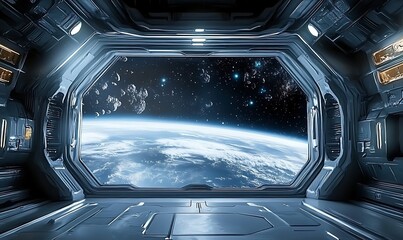 Futuristic spaceship interior with large window overlooking vast, dark space, science fiction exploration concept art, Generative Ai