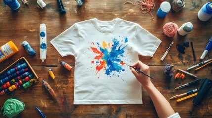 A person painting on a white T-shirt with a paintbrush