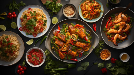 A Beautiful Assortment of Classic Thai Cuisine Showcasing Rich Curries, Noodles, and Aromatic Garnishes in a Feast for the Senses