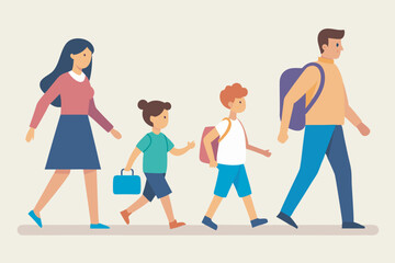 A family of four is shown walking together, parents carrying backpacks, possibly off to school or a trip. The image conveys warmth and harmony against a light background with a black border.