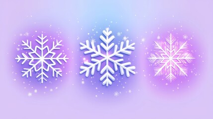 Three Unique Snowflake Designs Against a Soft Pink and Purple Gradient Background, Perfect for Winter-Themed Graphics, Holiday Cards, and Seasonal Decor
