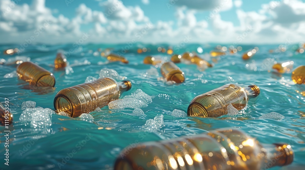 Poster lot of plastic dirty and crumpled bottles and other garbage lying horizontally floating above sea le
