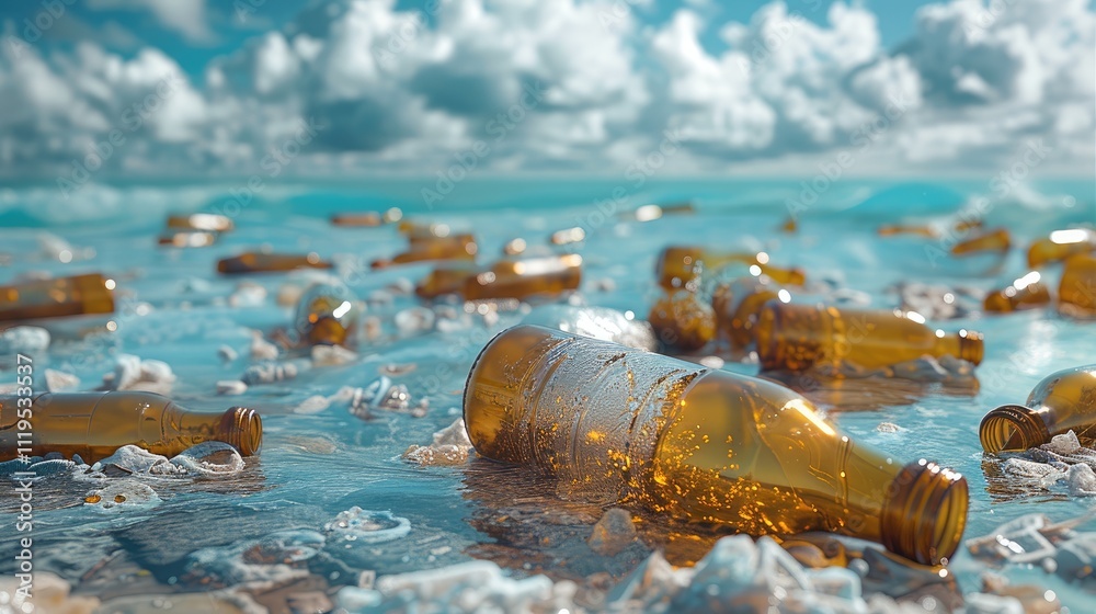 Poster lot of plastic dirty and crumpled bottles and other garbage lying horizontally floating above sea le