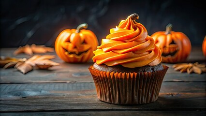 Spooky Halloween Cupcakes: Orange Frosting Jack-O-Lantern Night Photography