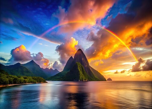 St. Lucia Silhouette: Pitons, Rainbow, Caribbean Sea - AI Generated Photography