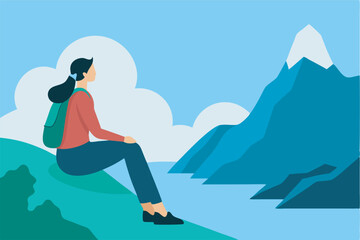 A serene illustration shows a woman in red on a mountain overlooking a lake. Mountains and clouds adorn the backdrop, evoking a peaceful vibe.