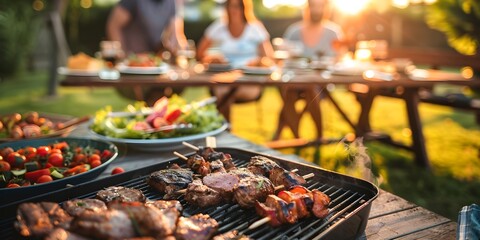 Various picnic barbeque food and drink flatlay Summer bbq picnic food assorted grilled meats kebabs vegetable fruit salad traditional picnic summer pie cake sandwiches top view copy space

