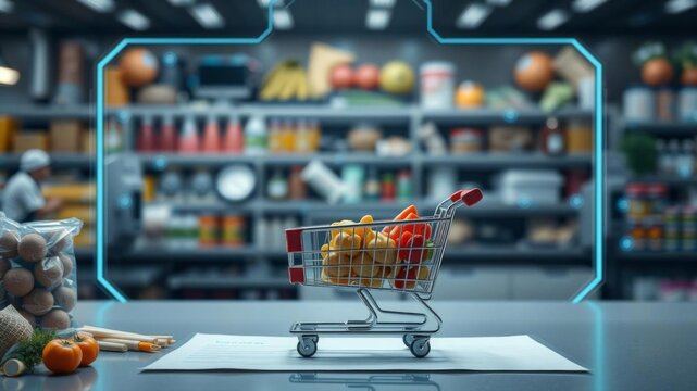 Blank shopping list paper surrounded by a variety of digitally generated food items, digital, meal, concept